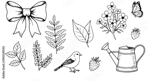 Whimsical garden-themed illustrations featuring nature and decorative elements