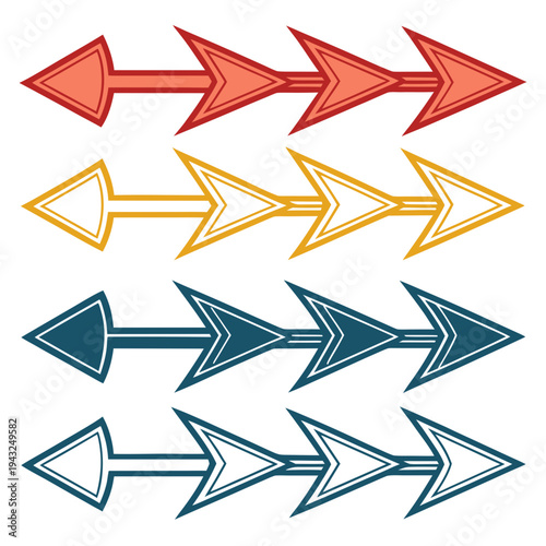 Set of four long vintage arrow icons with pointed tips and multi layered geometric heads in red yellow and blue colors for website direction design