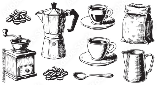 Traditional coffee preparation tools and coffee cups illustration
