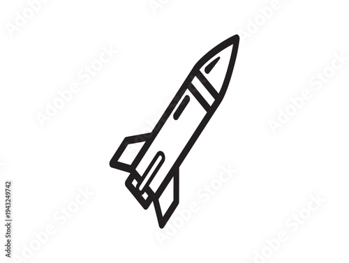 A simple line drawing of a rocket ship soaring upwards with fins and pointed nose