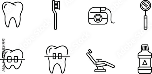 Dental icon bundle tooth brush floss mirror brackets orthodontic chair and mouthwash icons