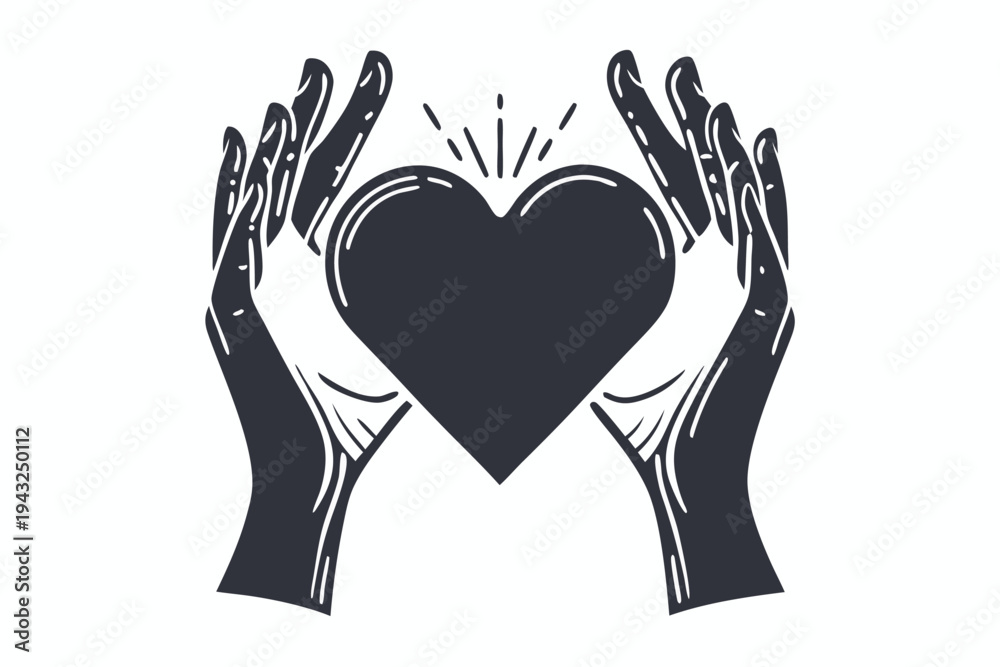 Fototapeta premium Empathy Embodied: Human Hands Carefully Holding a Heart Shape in Elegant Black and White Vector
