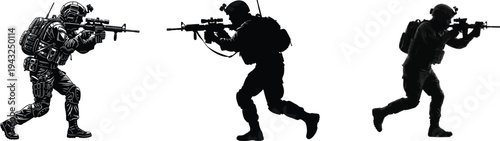 Military Soldier Silhouette Set Holding Rifle Action Pose Vector Illustration