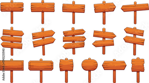 Cartoon Wooden Signboards Collection with Direction Arrows Blank Rustic Boards and Street Sign Vector Illustration Set