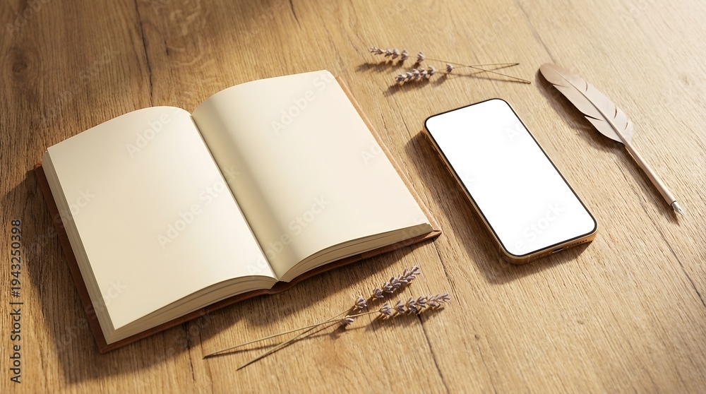 Fototapeta premium Open Journal and Gold Smartphone Mockup - Whimsical Literary Desk