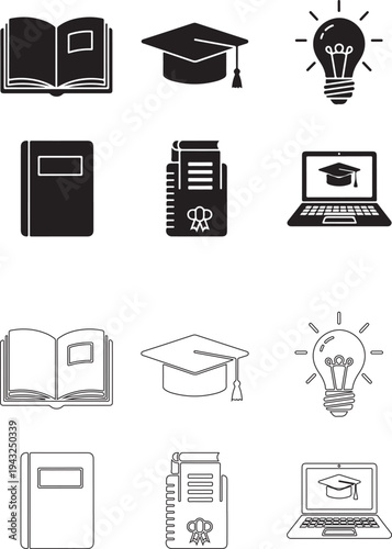  Education and learning icon collection. Thin outline vector symbols for study materials, academic knowledge, research activities and intellectual development with editable line width and color..eps