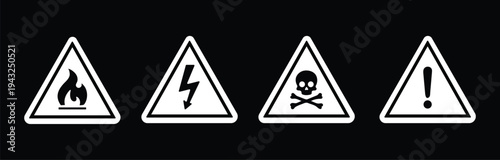Caution signs set. Fire warning, hazard danger, high voltage icon. Attention, risk, flammable, skull, bone - stock vector.