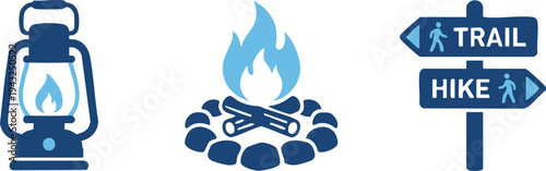 Set of 3 camping icons vector, outdoor adventure symbols