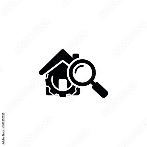 Magnifying Glass Inspecting House Icon Symbol.