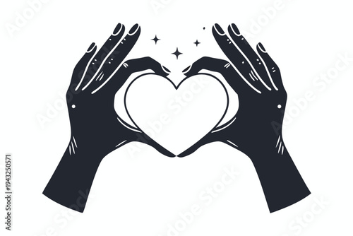 Generous Heart: Stylized Hands Offering a Love Symbol in Clean Black and White Vector Design
