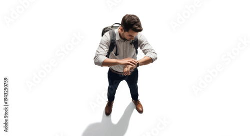 Young professional man checking time while traveling with backpack