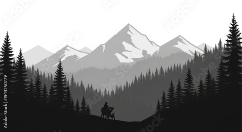 Mountain Landscape with Silhouetted Trees.
