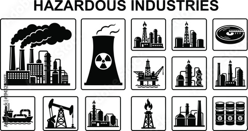Hazardous Industries Icon Set Nuclear Power Plant Oil Refinery Factory