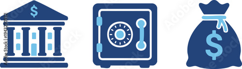 Set of 3 finance icons vector, bank, safe, money bag