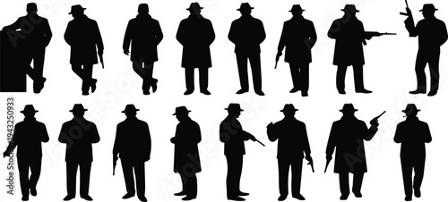 detective, gangster, mafia, silhouette, people, noir, character, man, hat, gun, vintage, crime, mystery, secret, agent, shadow, retro, figure, set, collection