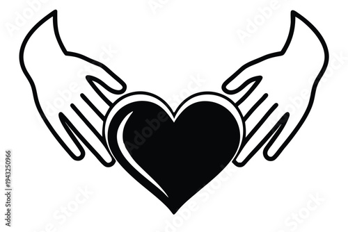 Unified Hands, Loving Heart: Simple Black and White Vector Silhouette Icon