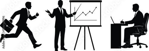 Black silhouette flat vector illustration of businessmen running with briefcase, giving presentation, and working at office desk with a laptop. (20 words)