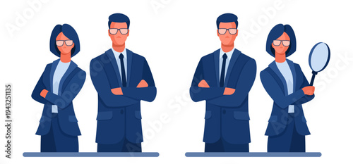 A modern vector illustration of a business team. A confident man and woman in business suits stand together in a professional setting. Concept for business consulting, teamwork, and legal services.
