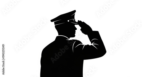 Military Officer Saluting Silhouette Profile.