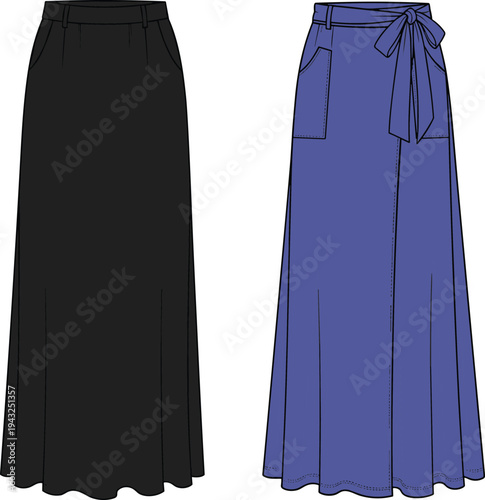 Elegant, long, wrap, skirt, fashion, illustration, front, view, black, blue, belt, waist, pocket, women, clothing, stylish, outfit, modern, apparel, design