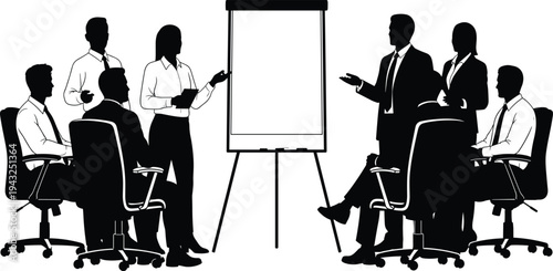 Black silhouette flat vector illustration of business people having a professional presentation and team discussion with a blank flip chart. (20 words)