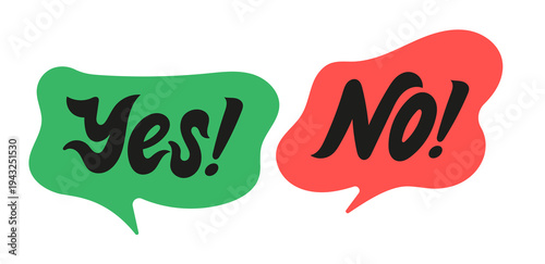 YES NO icon logo in speech bubble shape. Vector isolated on white background for badge, sticker, symbol, card, chat interface, test question design. Bold yes and no typography inside chat talk balloon