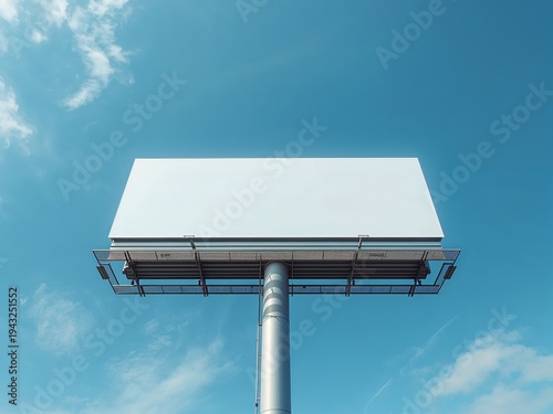 Blank billboard viewed from a low angle against a bright blue sky with clouds. Large outdoor advertising mockup suitable for branding and promotional design.
