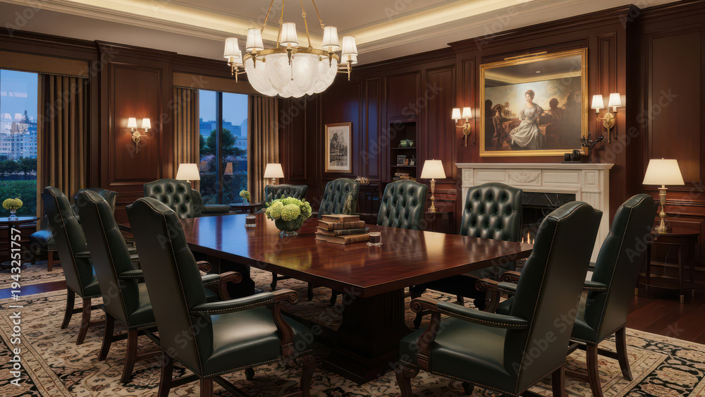 Fototapeta premium A dark dining room with a table and chairs