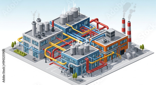Modern Industrial Factory Complex with Pipes and Smokestacks.