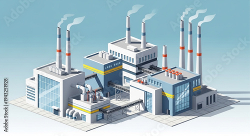 Modern Industrial Factory Complex with Smoke Stacks.