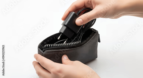 Person storing electronic device charger in black pouch