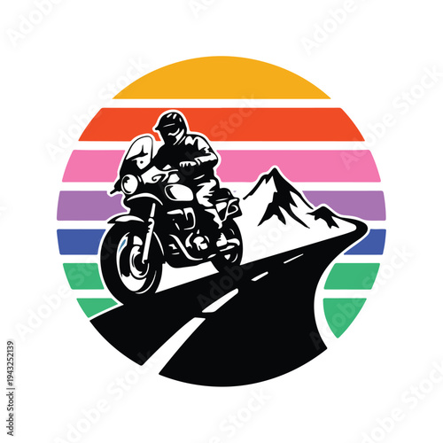Biker riding motorcycle on winding road towards mountains at colorful sunset  travel adventure freedom