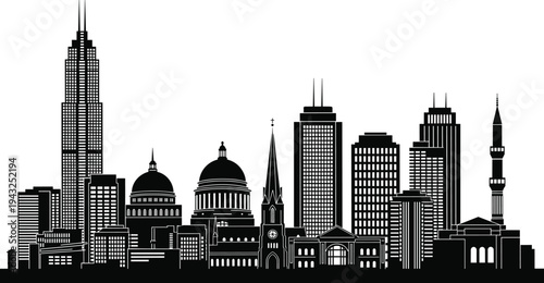 Black silhouette skyline of a modern city with skyscrapers and a domed building Keywords: city skyline, silhouette, black and