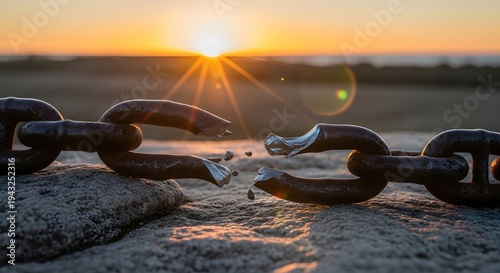 Broken metal chain at sunset, symbolizing freedom and strength. A powerful concept of breaking free, overcoming challenges, and achieving independence.