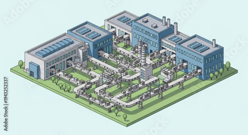 Modern Office Building Complex with Green Spaces and People.