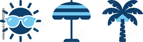 Set of 3 summer icons vector, blue, sun, umbrella, palm tree