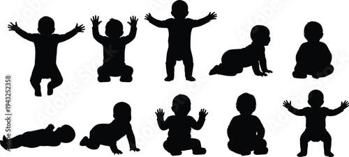 Collection Of Baby Silhouettes In Different Poses And Activities babies infant