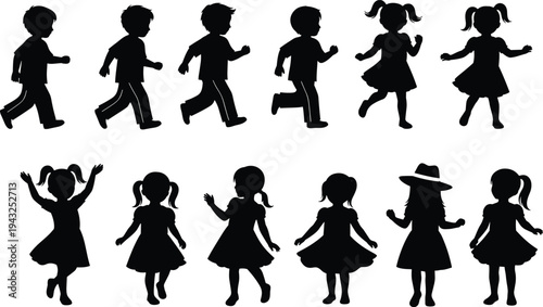 Diverse Group Of Children Silhouettes Running And Dancing On White Background kids