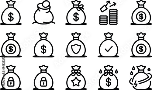 Money Bag Collection Silhouette Icon Set Cash Money Bag Typography Silhouette Icon Pack