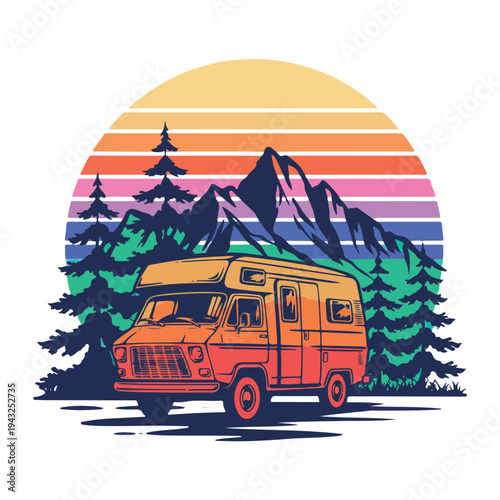 Colorful illustration of camper van parked in front of mountain range and trees at sunset  campervan on road trip in nature  travel and adventure concept