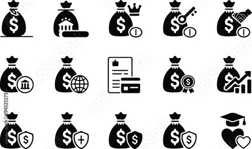 Money Bag Collection Silhouette Icon Set Cash Money Bag Typography Silhouette Icon Pack