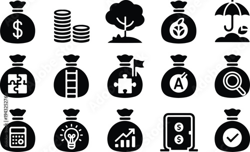 Money Bag Collection Silhouette Icon Set Cash Money Bag Typography Silhouette Icon Pack