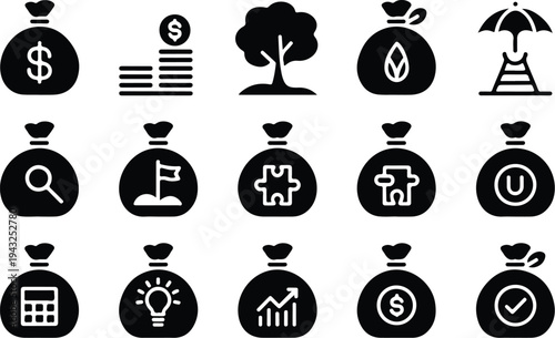 Money Bag Collection Silhouette Icon Set Cash Money Bag Typography Silhouette Icon Pack