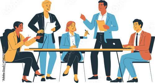 A vector illustration showing business people discussing and working together in an office