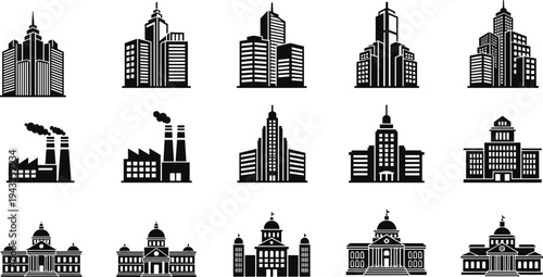 Collection of black and white building icons representing skyscrapers factories and government buildings Keywords: building icon
