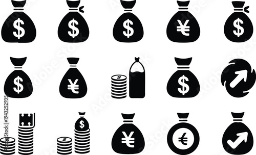 Money Bag Collection Silhouette Icon Set Cash Money Bag Typography Silhouette Icon Pack