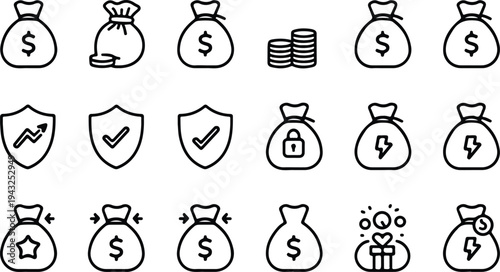 Money Bag Collection Silhouette Icon Set Cash Money Bag Typography Silhouette Icon Pack
