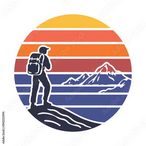 Hiker standing on mountain peak looking out at sunset over mountains  scenic landscape with colorful sky and silhouetted figure