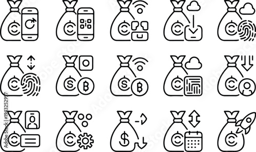 Money Bag Collection Silhouette Icon Set Cash Money Bag Typography Silhouette Icon Pack
