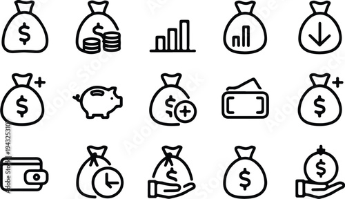Money Bag Collection Silhouette Icon Set Cash Money Bag Typography Silhouette Icon Pack